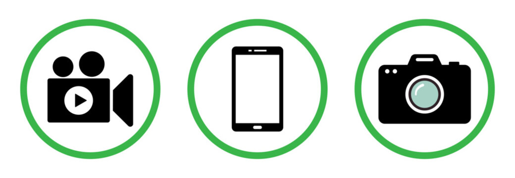 Allowed videography, cell phone and camera sign symbol isolated on a white background. Prohibited allowed vector sign icon symbol set in green circle. vector illustration. Flat design.