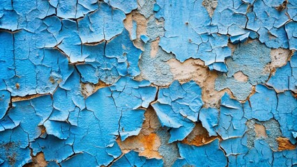 A close-up view of a weathered surface, revealing a vibrant blue paint layer that has cracked and peeled, exposing the underlying material
