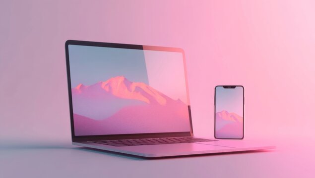 mockup of black laptop with gradient mountain screen and phone on pink background