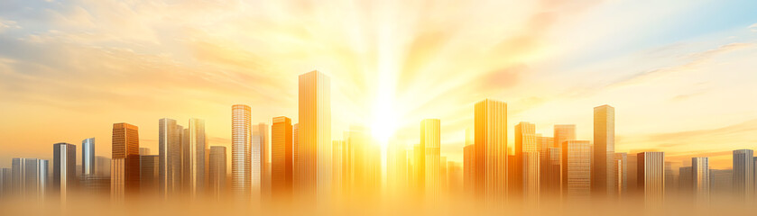 Obraz premium Serene sci-fi cityscape in the clouds, futuristic skyscrapers glowing with technology, peaceful dawn light, otherworldly architecture, foggy and tranquil horizon.