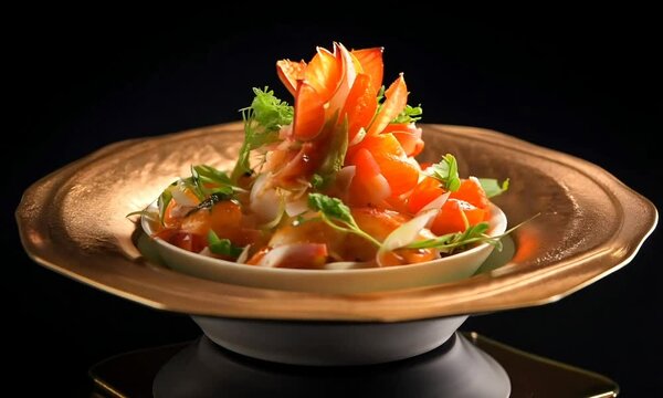 shimp and sauce in dish on black background