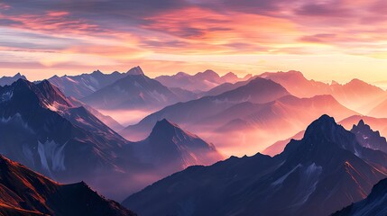A panoramic view of a mountain range at sunrise with the peaks bathed in a golden glow The sky is painted with hues of pink and orange creating a stunning contrast with the dark silhouettes.