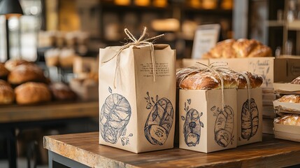 A rustic bread packaging with kraft paper and twine, featuring hand-drawn illustrations, set in a cozy bakery with warm lighting