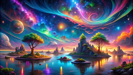 A Cosmic Tapestry of Vibrant Hues, Where Stellar Dust Illuminates Tranquil Waters and Lush Islands Dot the Landscape