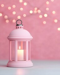 Elegant pink lantern with candle on soft pastel background