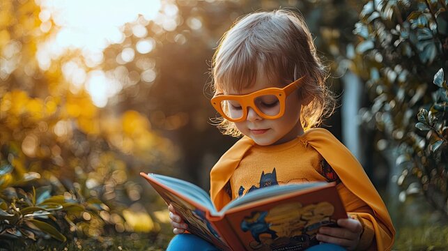 A child with Down syndrome, reading a book about superheroes, feeling empowered and included