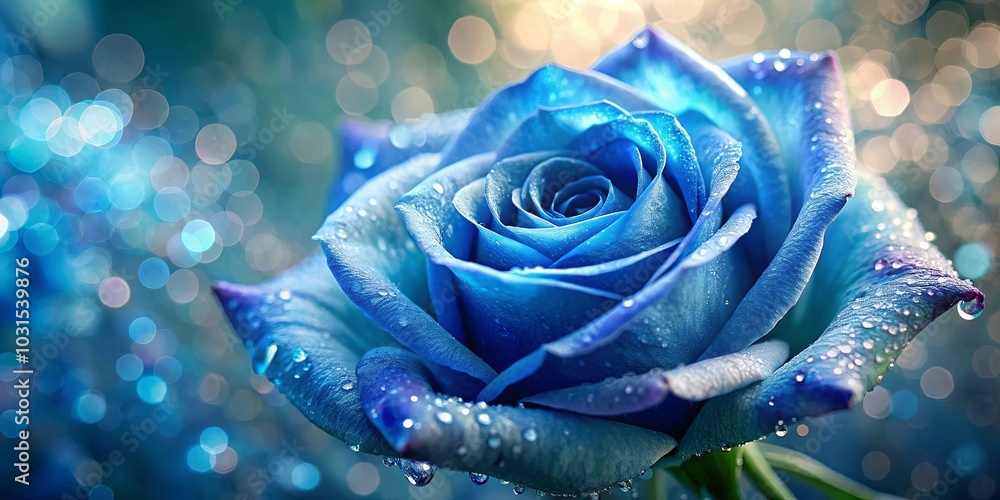 Poster A Single Blue Rose Blossom Glistens with Dew Drops Against a Shimmering Background of Abstract Blue Lights