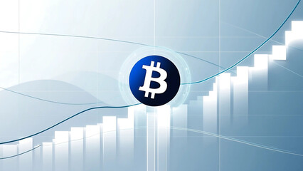 A digital illustration featuring a central cryptocurrency symbol on a minimalist blue-white gradient background. The upward-trending chart emphasizes growth and stability in a sleek, futuristic design