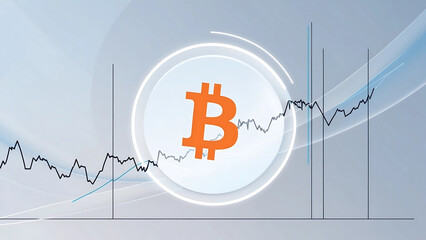 A digital illustration featuring a central cryptocurrency symbol on a minimalist blue-white gradient background. The upward-trending chart emphasizes growth and stability in a sleek, futuristic design