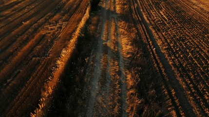 Serene Aerial View of Golden Fields at Sunset