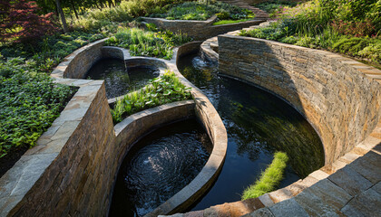 landscape of terraced gardens and ponds where gravity bends&mdash;some water flows upward into hanging pools, and plants grow sideways from cliffs
