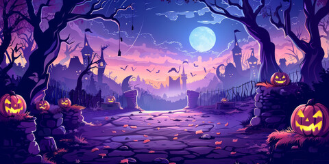 Obraz premium Halloween Night Silhouette with Haunted Castle and Pumpkins under a Full Moon,Generated By Ai
