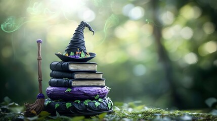 A whimsical witch hat on stacked books in a mystical forest setting.