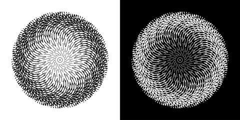 Abstract background with abstract line pattern in circles. Spiral art design as a logo or icon. A black figure on a white background and the same white figure on a black side. Mandala design with line