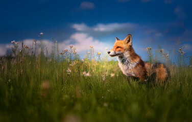 A red fox sits in a field of tall grass, its fur gleaming in the sunlight.