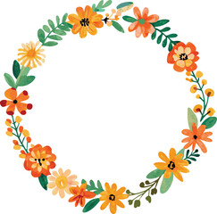 Watercolor Floral Wreath, Circle, Orange, Yellow, Green