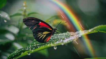 Naklejka premium Vibrant Butterfly on Leaf with Rain and Rainbow