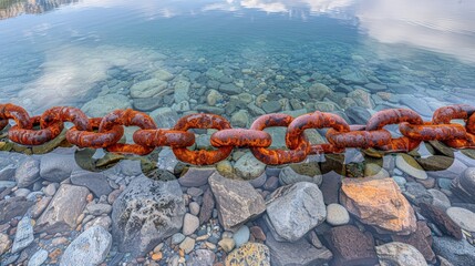 Rusty chain over clear water with pebbles and reflection