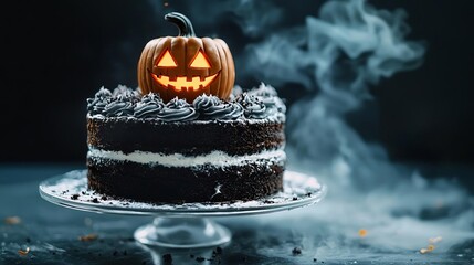 Halloween cake with pumpkin decoration and smoke effect, dark background.