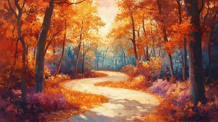 Fototapeta premium Serene Autumn Pathway Amidst Colorful Foliage