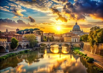 Naklejka premium Panoramic Sunset View of Ancient Rome - Double Exposure Landscape Photography of Historic City and River