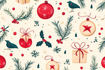 Christmas seam pattern with colorful ornaments and festive decorations on a red background.