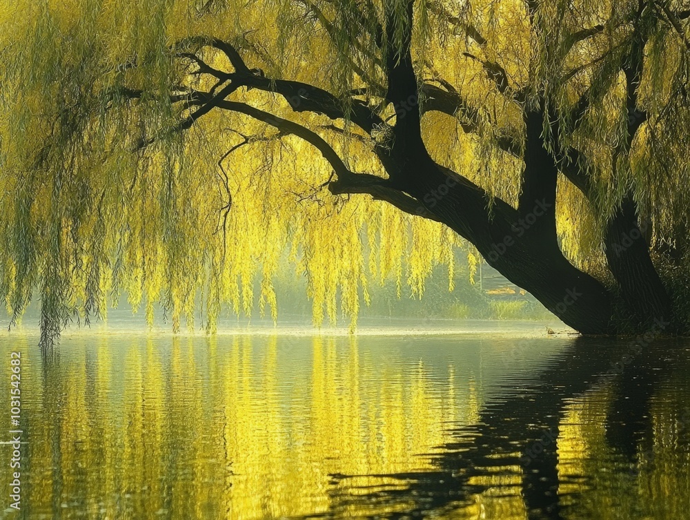 Poster a weeping willow tree with its branches touching the surface of a calm pond