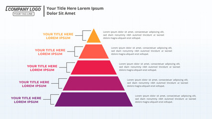 Pyramid Infographic with 5 Steps and Editable Text on a 16:9 Layout for Business Presentations, Management, and Evaluation.