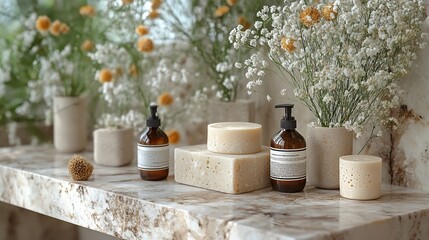 A serene bathroom scene featuring natural soaps, lotions, and fresh flowers.