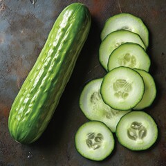 A whole cucumber alongside thinly sliced pieces, showcasing its fresh, crisp texture