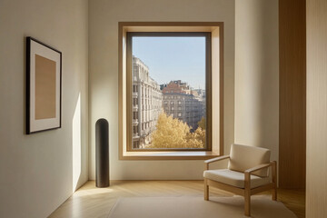 A serene modern interior with a view of city buildings and autumn trees in daylight