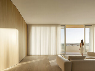 Fototapeta premium A woman in a white dress gazes out the large windows of a modern, minimalist apartment