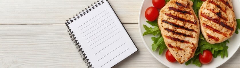 A plate of grilled chicken breasts garnished with cherry tomatoes and greens, accompanied by a blank notepad on a wooden table.