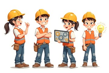 Cute cartoon construction workers in various poses
"Cute cartoon of a smiling construction worker wearing a yellow hard hat, white shirt and orange safety vest, standing confidently with his arms cros