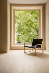 Fototapeta premium A modern chair positioned beside a large window showcasing green trees in a minimalist room