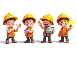 Cute Cartoon Construction Worker (Confident)
"A cute cartoon of a smiling construction worker wearing a yellow hard hat, white shirt, and orange safety vest, standing with arms confidently crossed, an