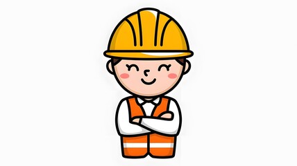 Cute Cartoon Construction Worker (Confident)
"A cute cartoon of a smiling construction worker wearing a yellow hard hat, white shirt, and orange safety vest, standing with arms confidently crossed, an