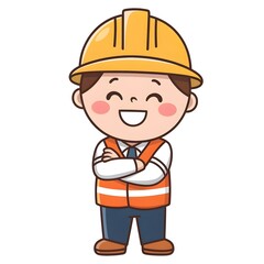 Cute Cartoon Construction Worker (Confident)
"A cute cartoon of a smiling construction worker wearing a yellow hard hat, white shirt, and orange safety vest, standing with arms confidently crossed, an