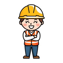 Cute Cartoon Construction Worker (Confident)
"A cute cartoon of a smiling construction worker wearing a yellow hard hat, white shirt, and orange safety vest, standing with arms confidently crossed, an
