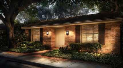 Fototapeta premium A charming suburban house illuminated at night, showcasing warm lights and lush greenery in a peaceful residential area.