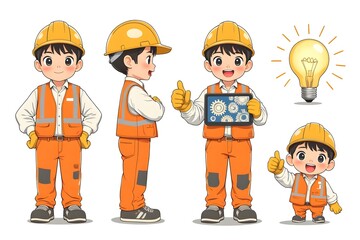 Cute cartoon construction workers in various poses
"Cute cartoon of a smiling construction worker wearing a yellow hard hat, white shirt and orange safety vest, standing confidently with his arms cros