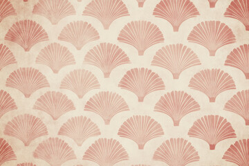 Pink and white wallpaper with a scallop shell pattern.