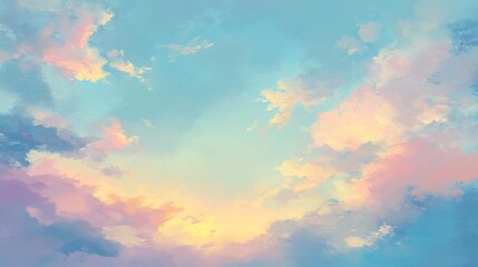 2408 2.A pastel sky at dusk, painted in light blue, pink, and yellow hues, with soft clouds glowing under the fading sunlight. The gradient colors create a soothing pattern, with gentle transitions
