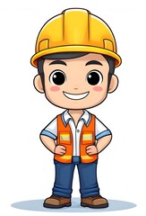 Cute Cartoon Construction Worker (Confident)
"A cute cartoon of a smiling construction worker wearing a yellow hard hat, white shirt, and orange safety vest, standing with arms confidently crossed, an
