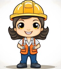 Cute Cartoon Construction Worker (Confident)
"A cute cartoon of a smiling construction worker wearing a yellow hard hat, white shirt, and orange safety vest, standing with arms confidently crossed, an