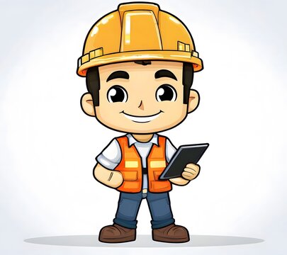 Cute Cartoon Construction Worker (Presenting a Tablet)
"A cute cartoon construction worker holding a tablet with engineering gears displayed, giving a wink and a thumbs-up. The character wears a yello