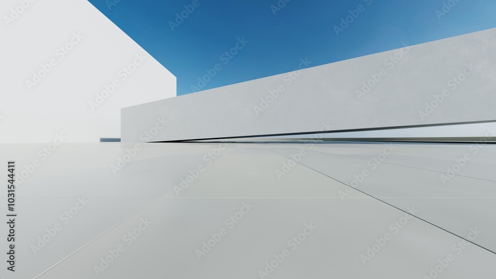 Poster 3d render of abstract modern concrete white architecture with empty cement floor, minimal exterior, car presentation background