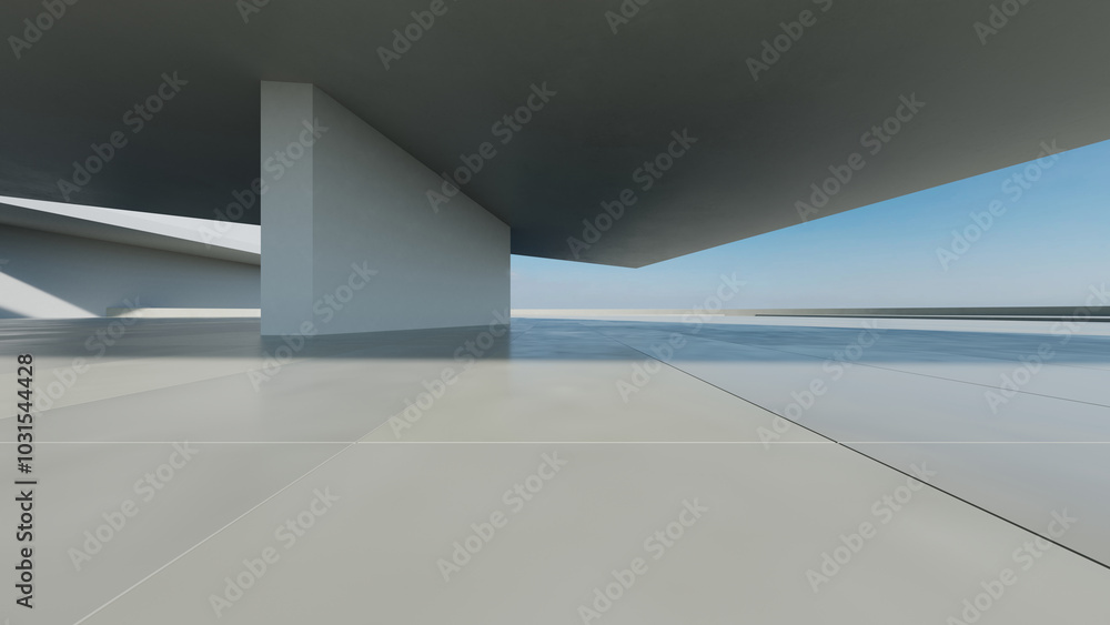 Aufkleber 3d render of abstract modern concrete white architecture with empty cement floor, minimal exterior, car presentation background