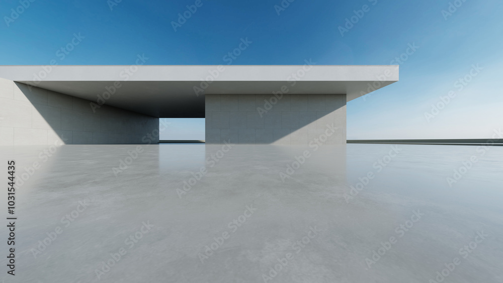 Poster 3d render of abstract modern concrete white architecture with empty cement floor, minimal exterior, 
