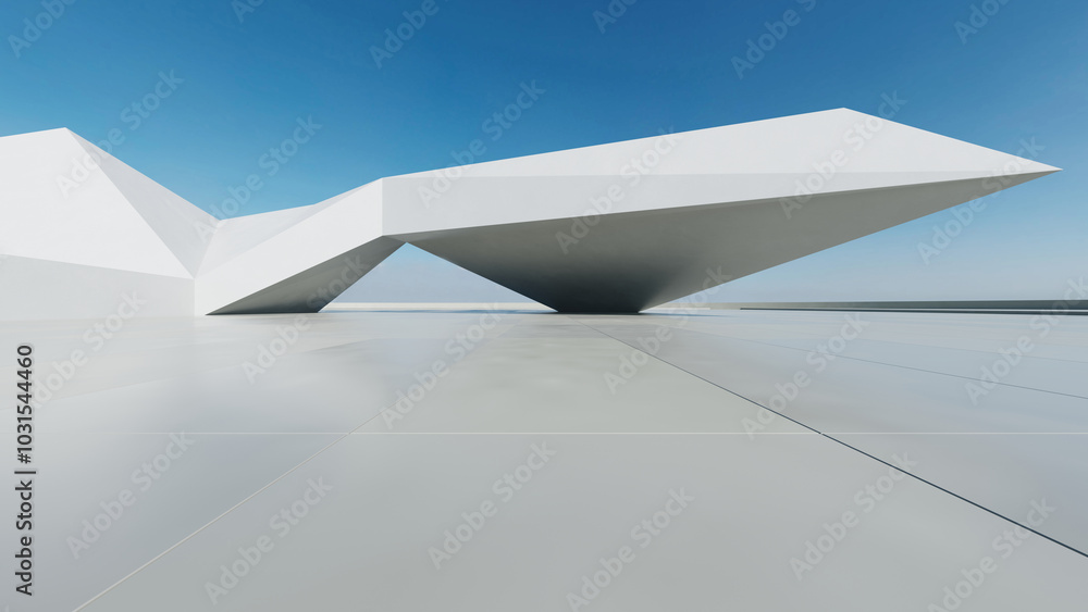 Poster 3d render of abstract modern concrete white architecture with empty cement floor, minimal exterior, 